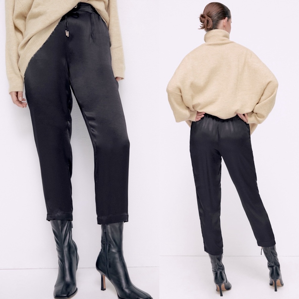 Zara SATIN PAJAMA STYLE Skinny PANTS W/ DRAWSTRING BLACK SIZE S NEW